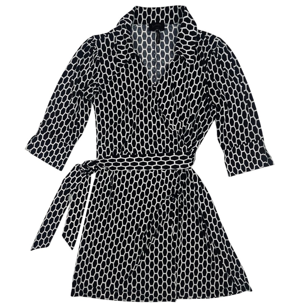 Laundry by Design Black White Geometric Honeycomb Wrap Dress 10P Collar 3/4 Slee